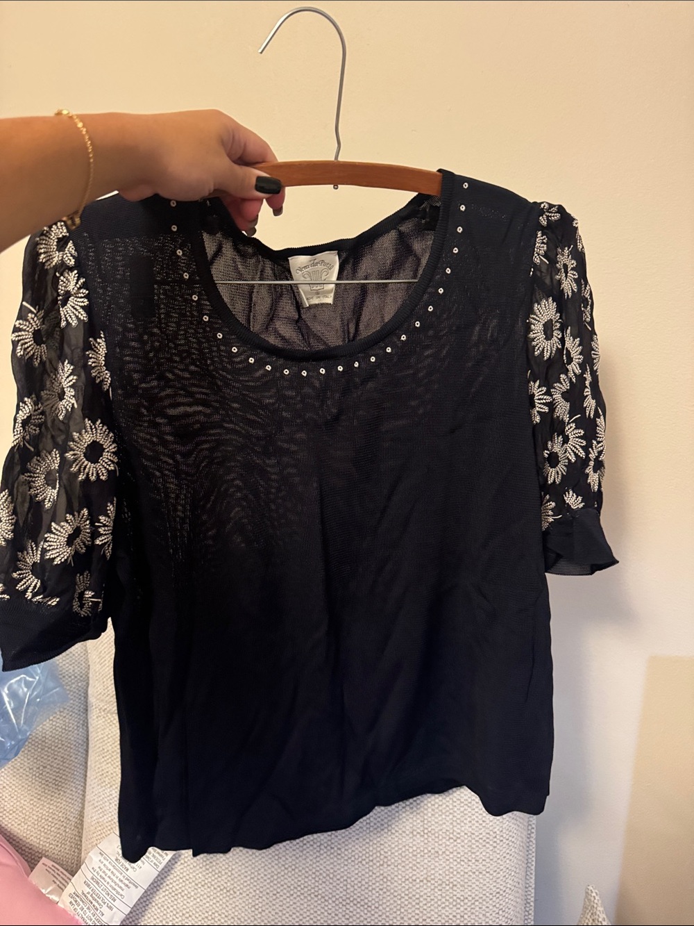 Black Floral Embroidered Puff Sleeve Blouse with Studded Neckline